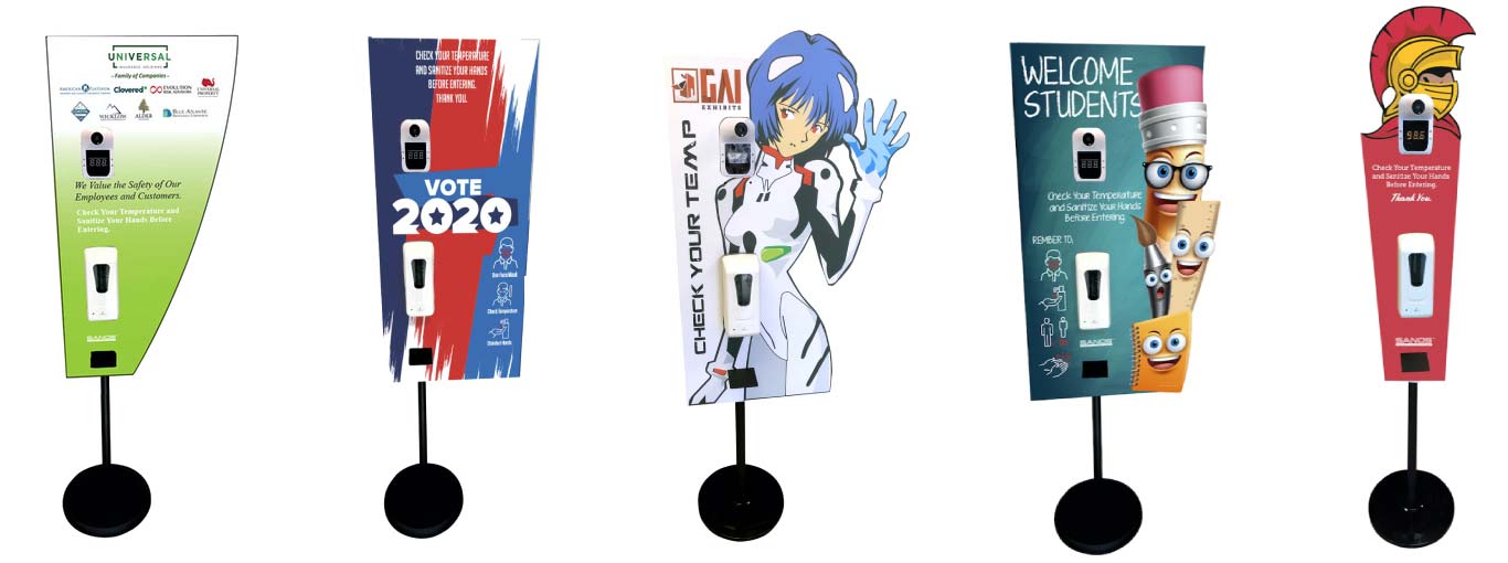 complete line of SANOS™ all-in-one-touchless thermometer and hand sanitizing solution